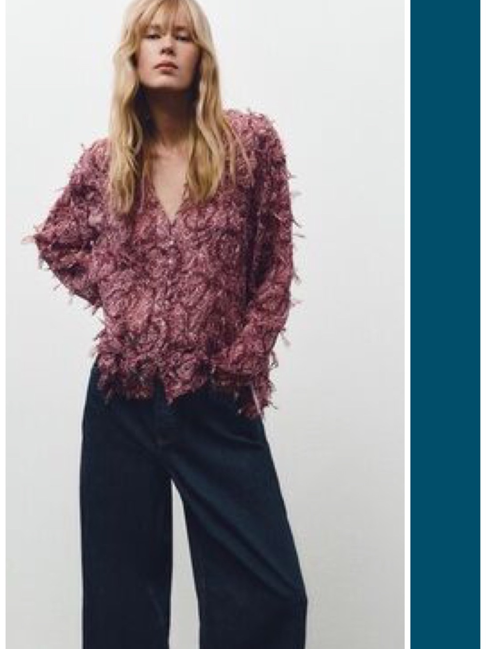 Zara Semi-Sheer Boho Fringe Button Up Blouse in Burgundy Red XS NWT